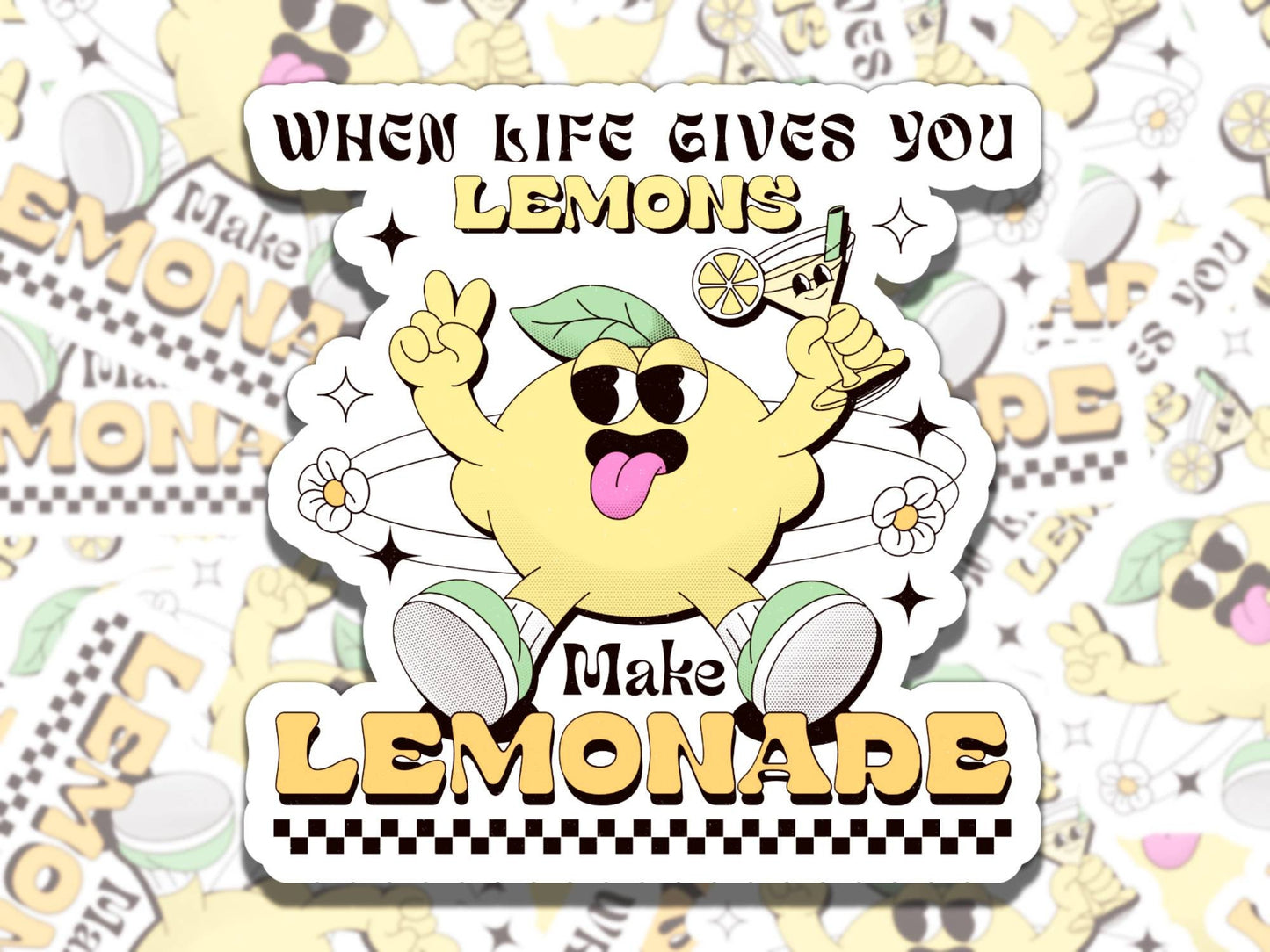 When Life Gives You Lemons Cute Retro Cartoon Mental Health Affirmation Sticker, Gift for Friend, Sticker for Kindle Laptop Water Bottle