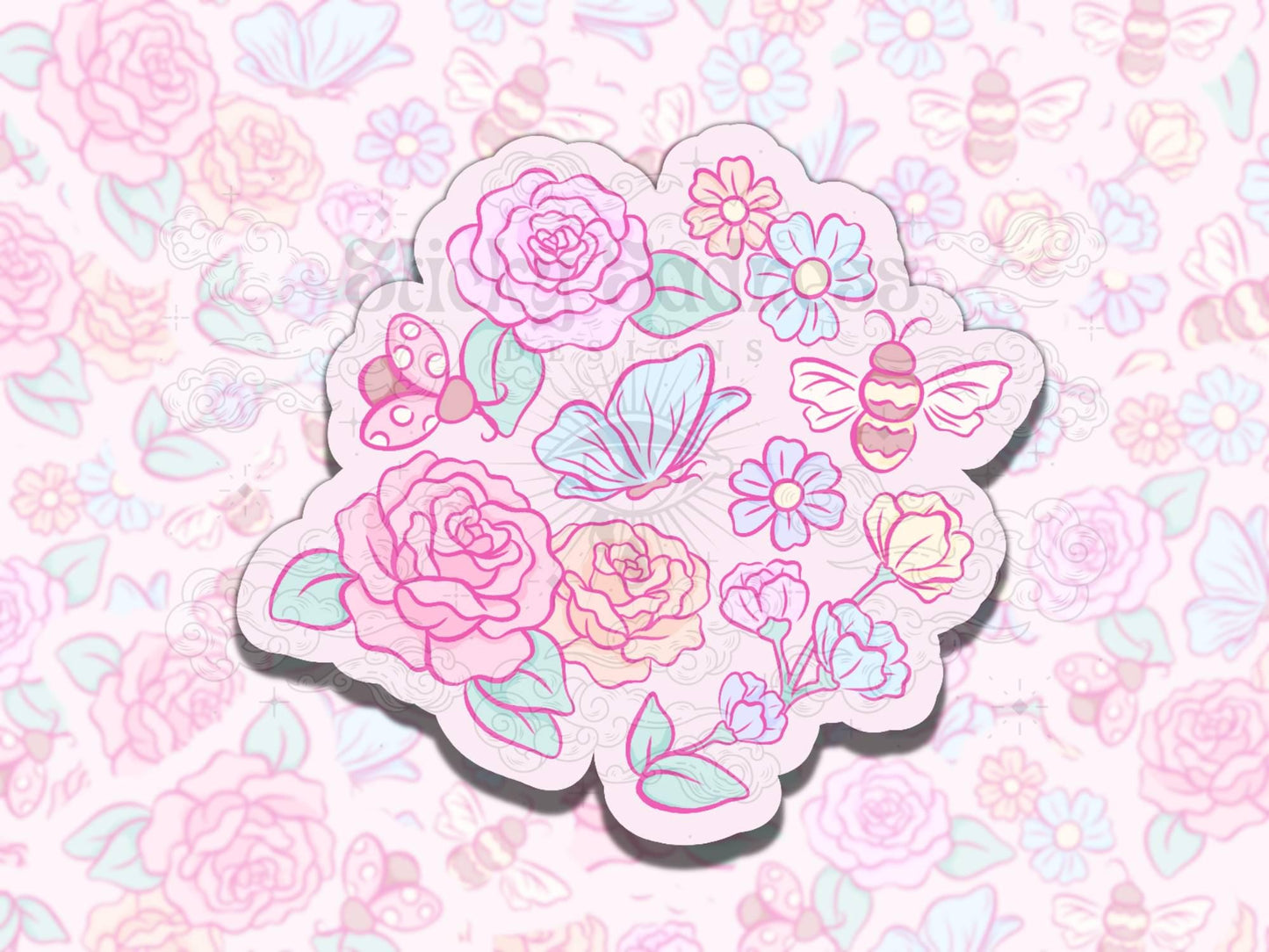 Buggy Floral Pink Fun Cute Girly Waterproof Vinyl Sticker, Gift for Girl Friend, Funny Sticker for Kindle Laptop Water Bottle Journal