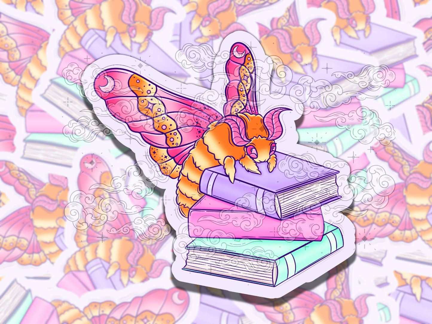 Moth Library Cute Bookish Waterproof Vinyl Sticker, Gift for Girl Friend, Funny Sticker for Kindle Laptop Water Bottle Journal