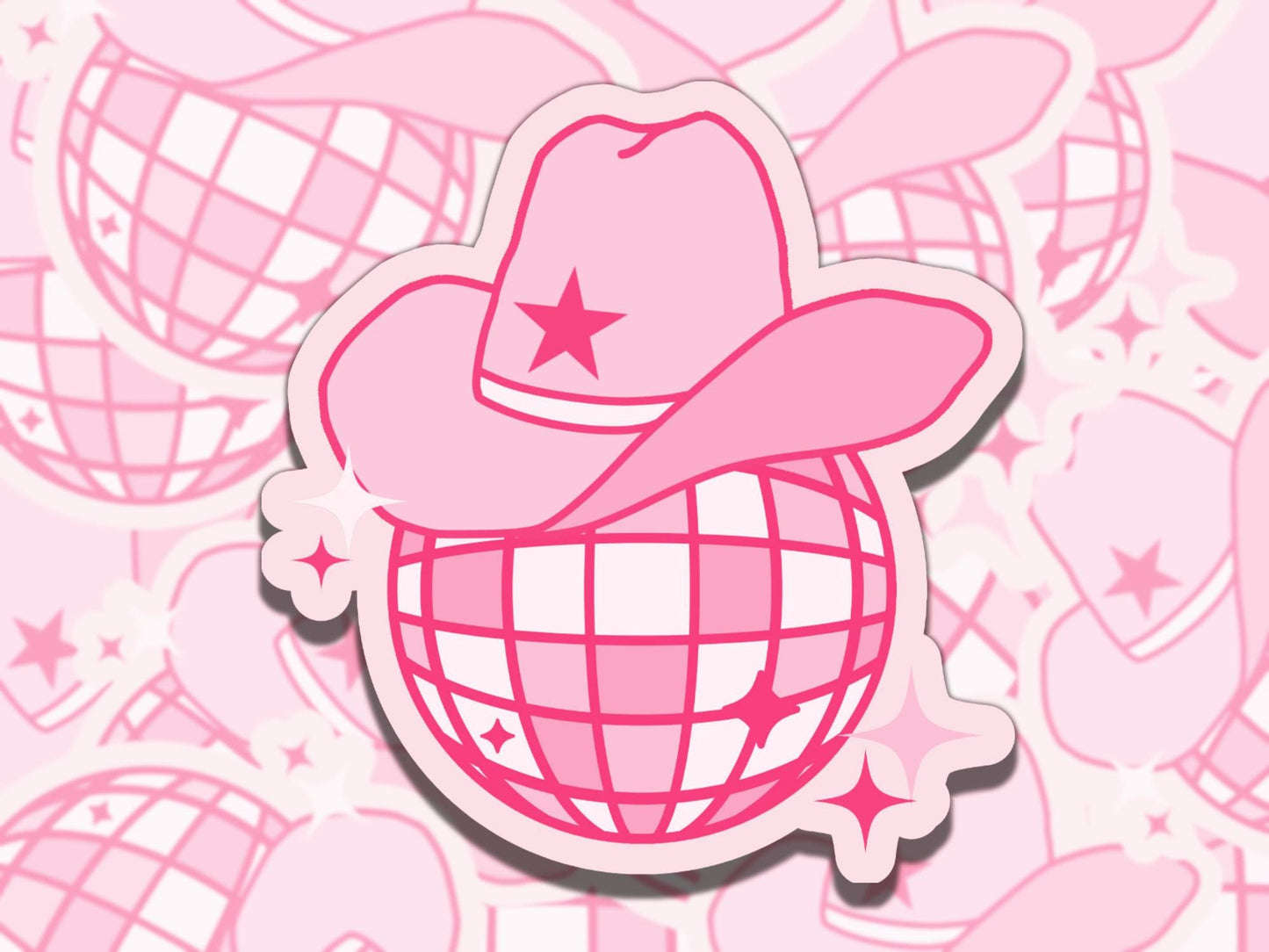 Disco Cowgirl Pink Waterproof Disco Ball Vinyl Sticker, Gift for Girl Friend, Funny Sticker for Kindle Laptop Water Bottle Journal
