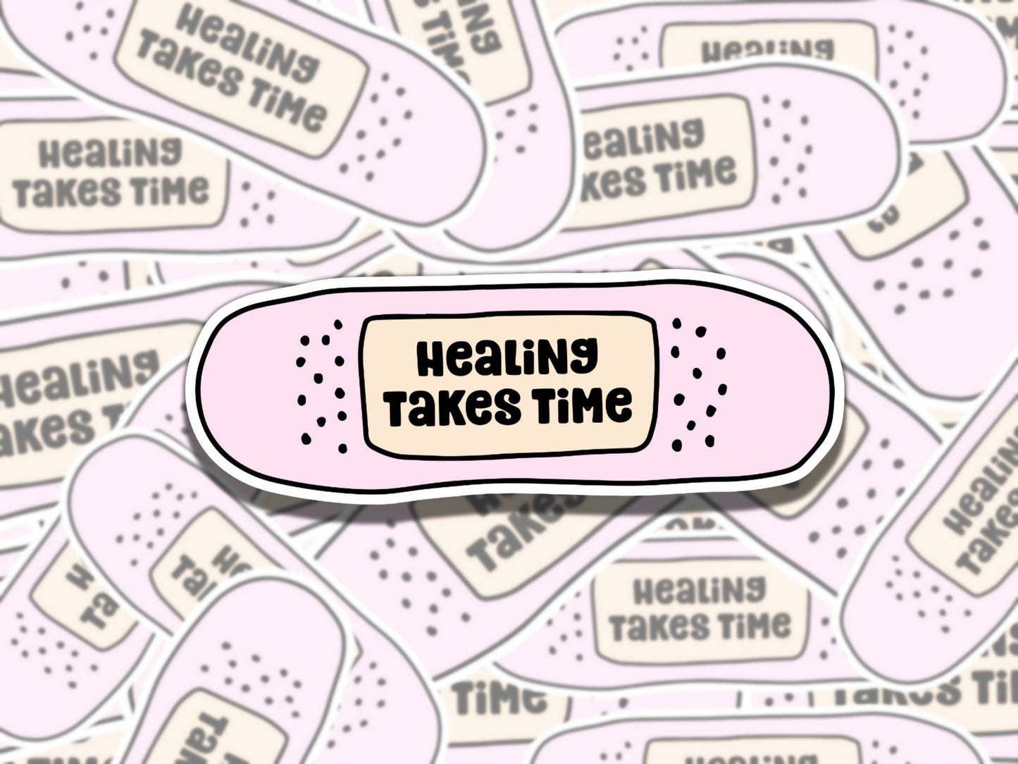 Healing Takes Time Cute Pink Bandage Mental Health Affirmation Sticker, Gift for Friend, Fun Sticker for Kindle Laptop Water Bottle