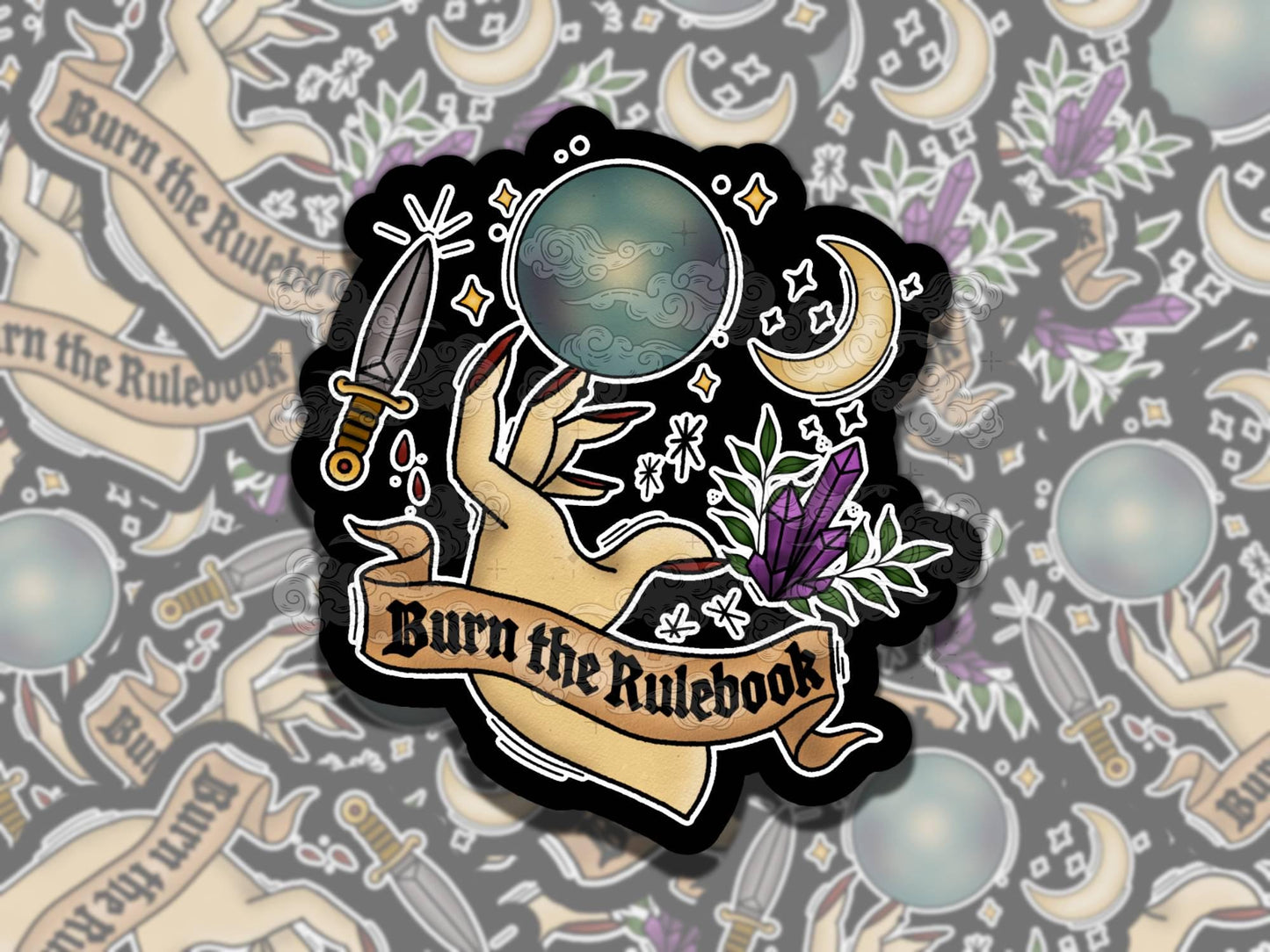 Burn the Rulebook Whimsigoth Waterproof Vinyl Sticker, Girly Gift for Friend, Funny Sticker for Kindle Laptop Water Bottle Journal