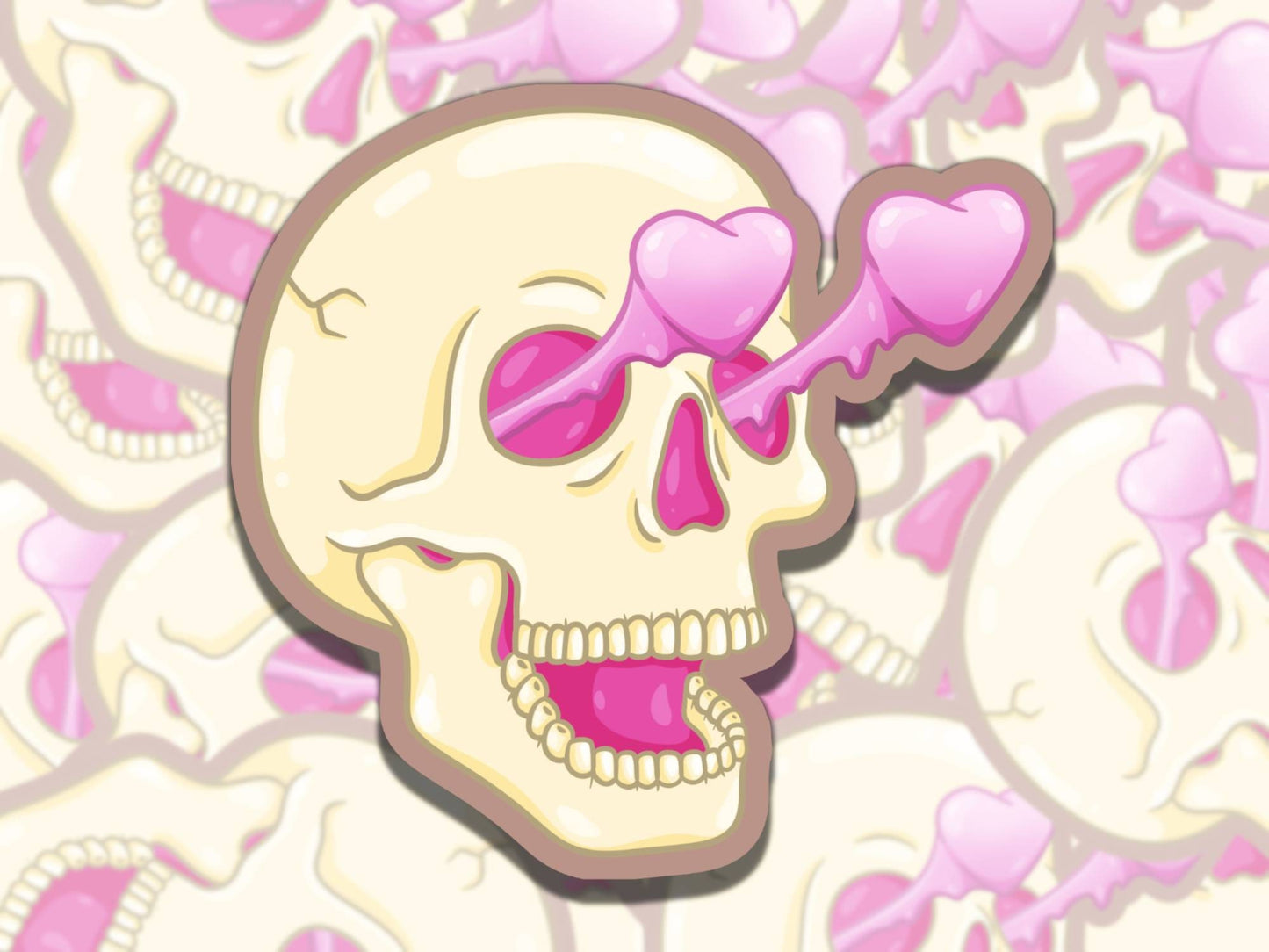 Heart Eyes Cute Pink Skeleton Spooky Waterproof Vinyl Sticker, Gift for Friend, Funny Sticker for Kindle Laptop Water Bottle Journa