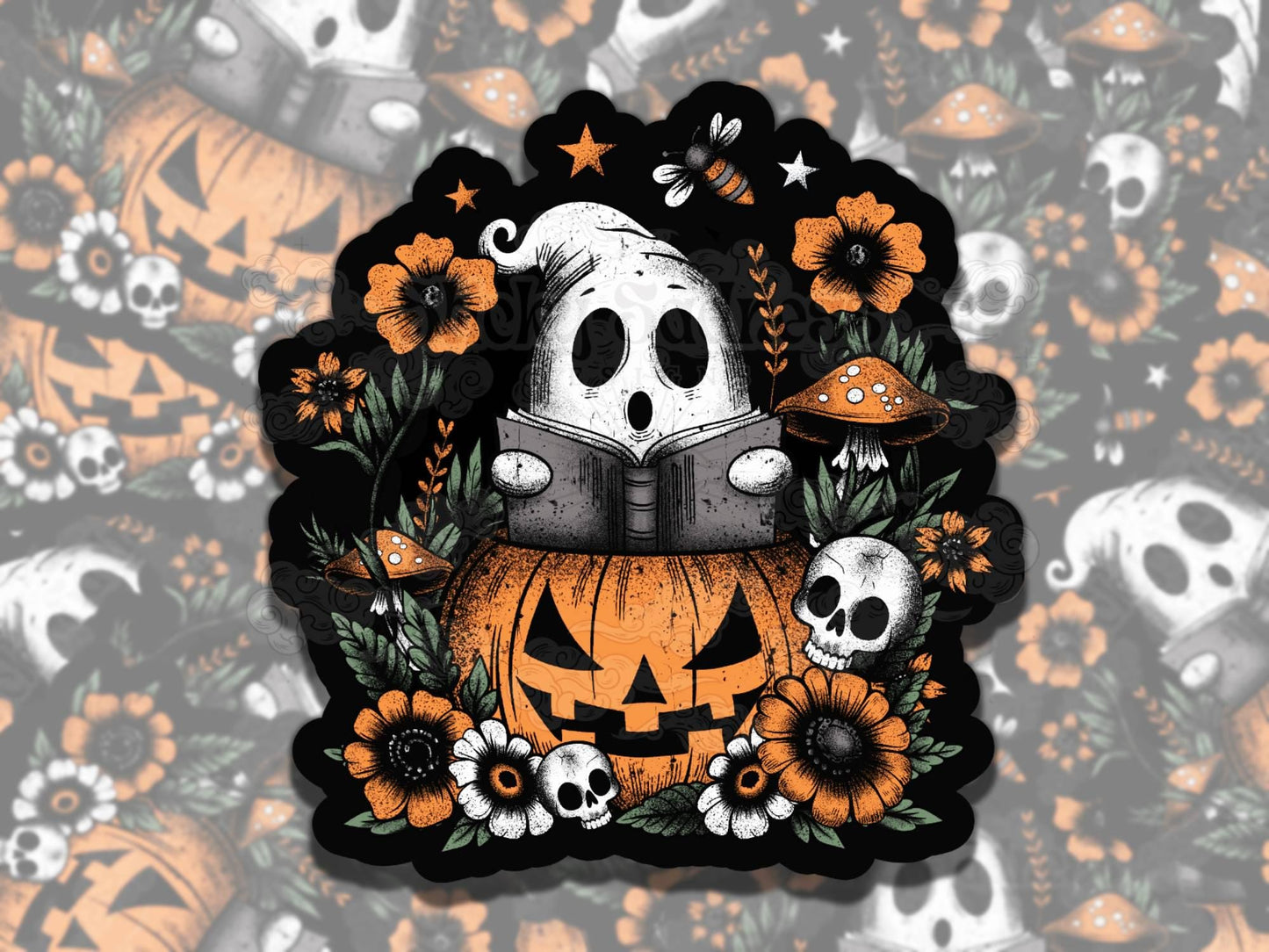 Reading Ghost Pumpkin Cute Spooky Waterproof Vinyl Sticker, Gift for Friend, Funny Sticker for Kindle Laptop Water Bottle Journal