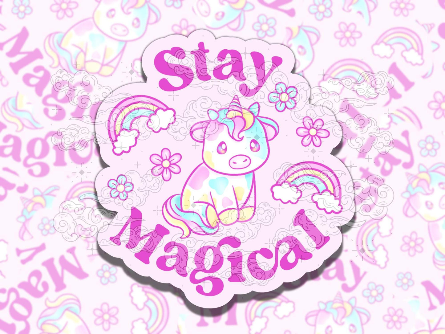 Stay Magical Unicorn Cow Cute Waterproof Vinyl Sticker, Girly Gift for Coffee Lover, Funny Sticker for Kindle Laptop Water Bottle Journal