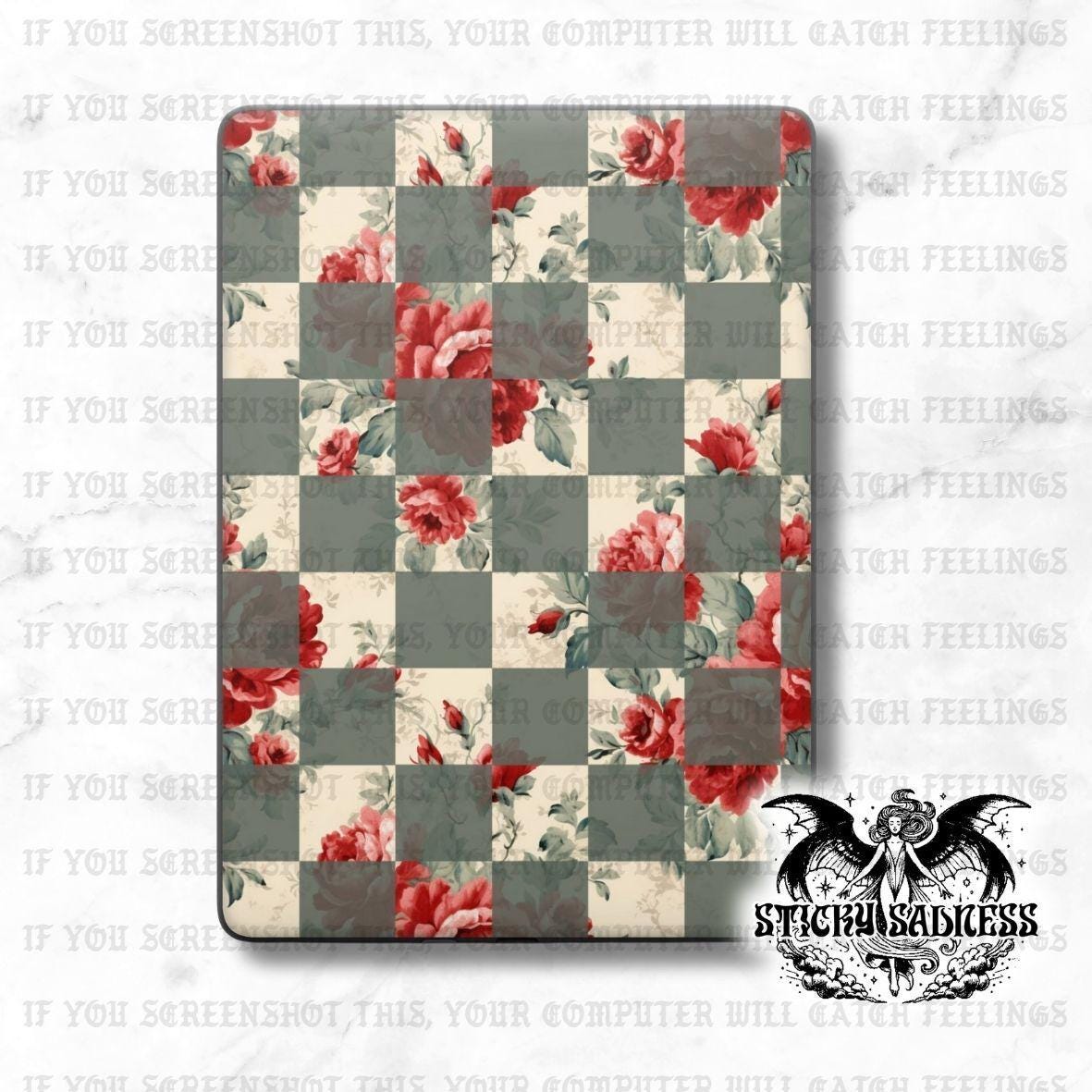 Red Black Floral Checkered Decal Insert Skin, Aesthetic Vinyl Wrap for Kindle Kobo iPad Boox Fire, Gift for Book Lover, BookTok Accessories