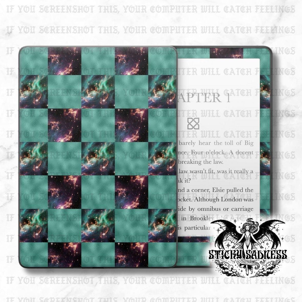 Green Nebula Checkered Decal Insert Skin, Aesthetic Vinyl Wrap for Kindle Kobo iPad Boox Fire, Gift for Book Lover, BookTok Accessories