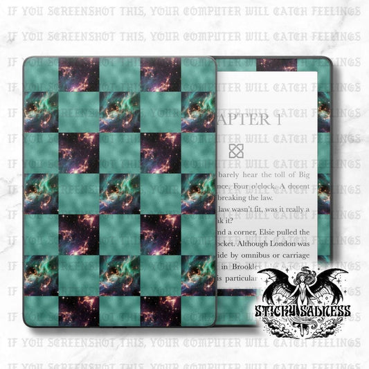 Green Nebula Checkered Decal Insert Skin, Aesthetic Vinyl Wrap for Kindle Kobo iPad Boox Fire, Gift for Book Lover, BookTok Accessories