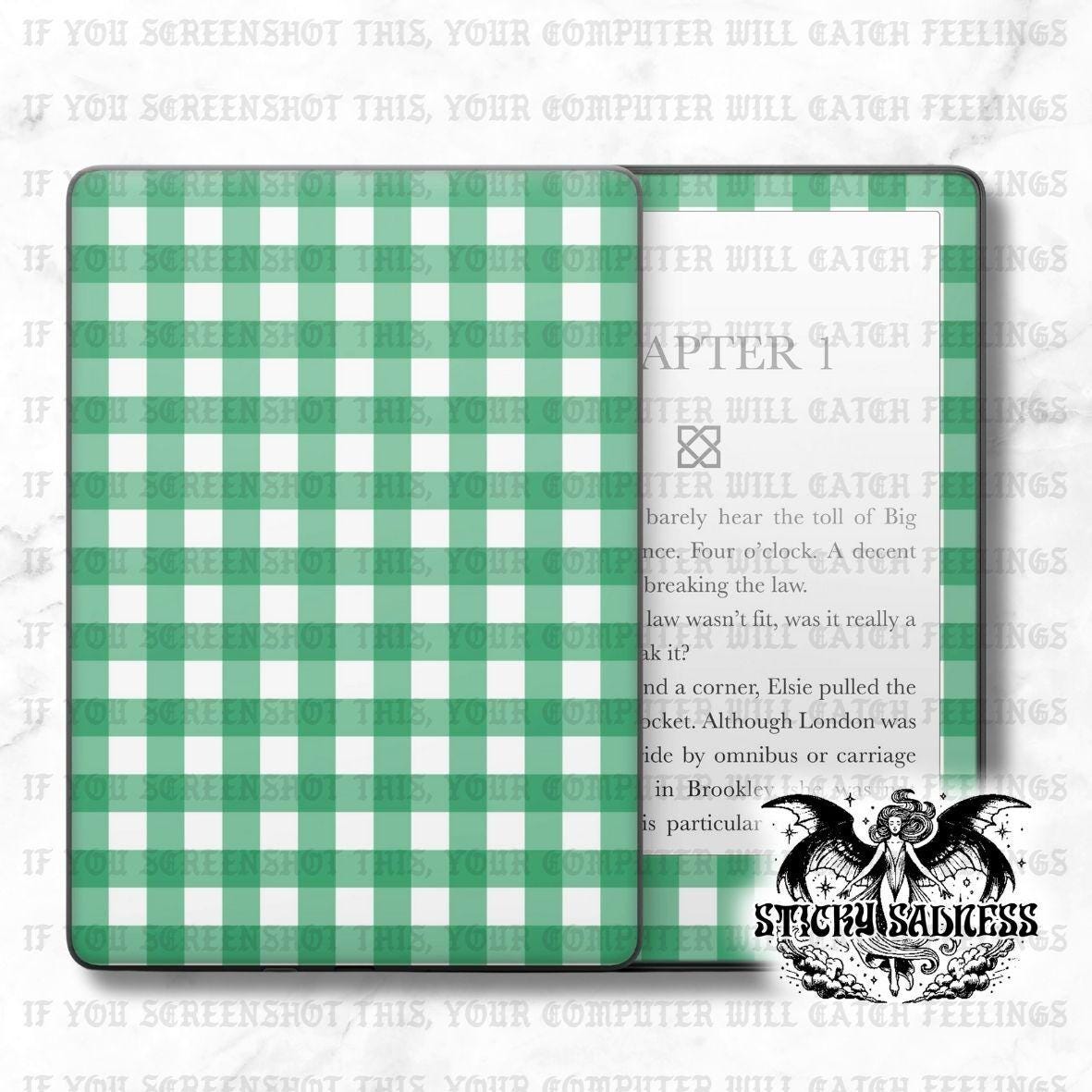 Green Gingham Checker Decal Insert Skin, Aesthetic Cute Vinyl Wrap for Kindle Kobo iPad Boox Fire, Gift for Book Lover, BookTok Accessory
