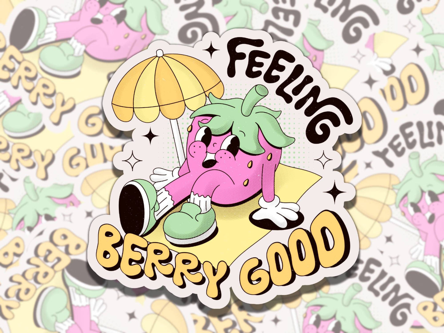 Feeling Berry Good Cute Retro Cartoon Mental Health Affirmation Sticker, Gift for Friend,  Sticker for Kindle Laptop Water Bottle