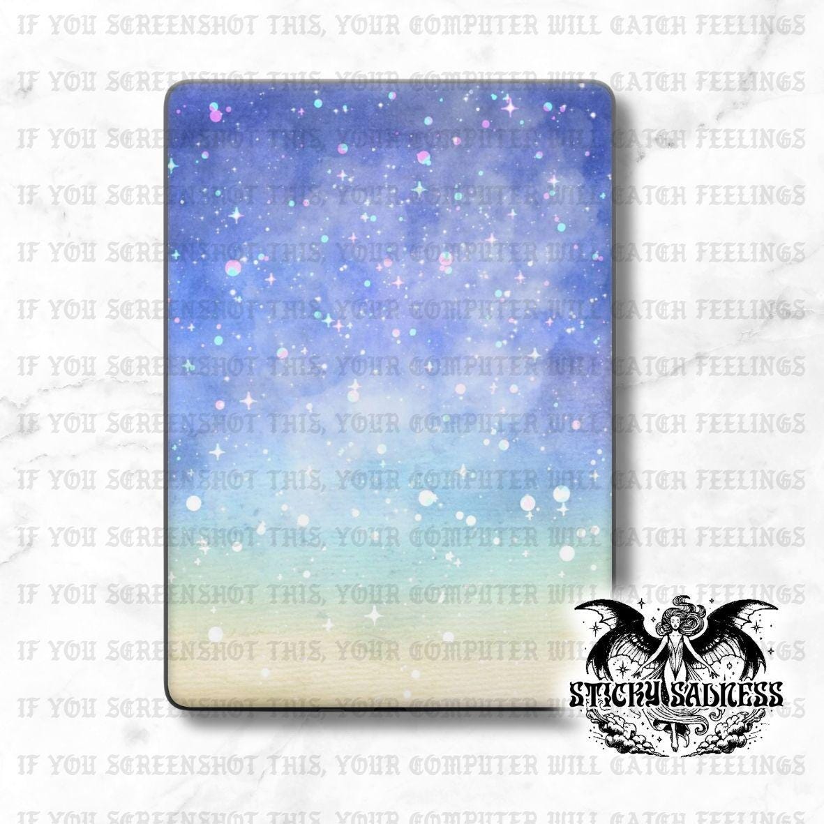 a vibrant and colorful space-themed background with a gradient of blue and purple hues, dotted with numerous white stars. The background appears to be a watercolor painting or digital illustration, creating a visually striking and imaginative scene.