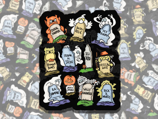 Funny Halloween Tombstones Spooky Waterproof Vinyl Sticker, Gift for Friend, Funny Sticker for Kindle Laptop Water Bottle Journal
