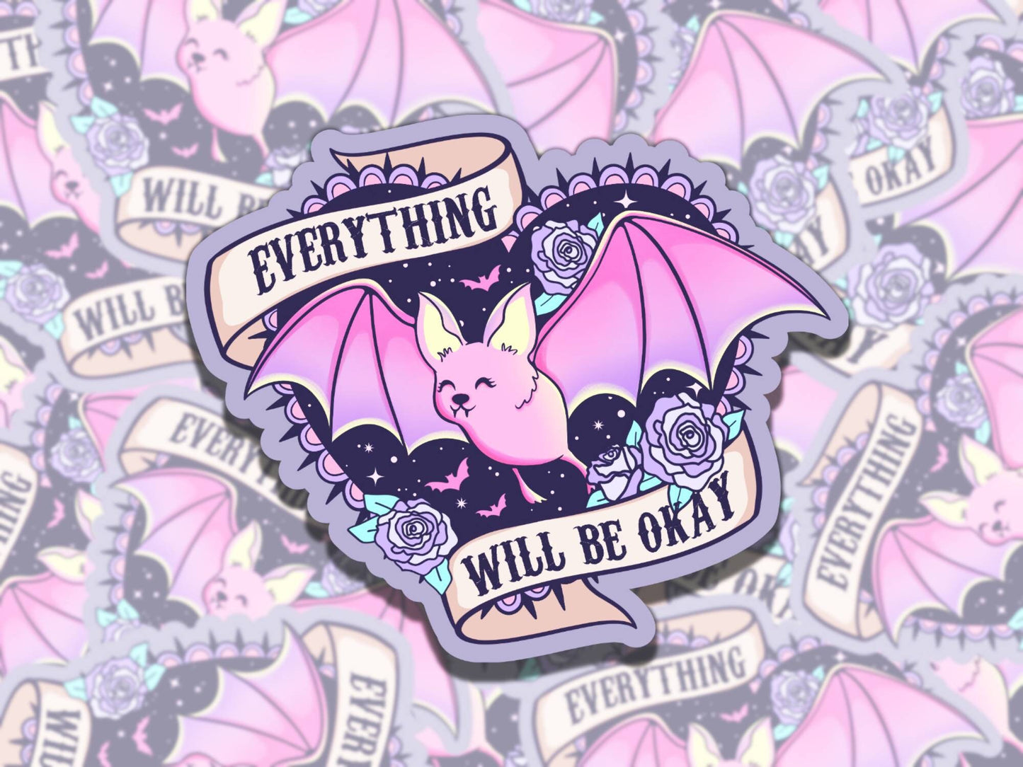 Everything Will be Okay Cute Bat Spooky Waterproof Vinyl Sticker, Gift for Friend, Funny Sticker for Kindle Laptop Water Bottle Journal