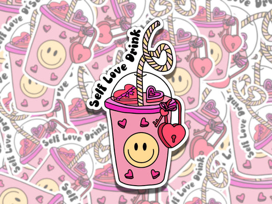 Self Love Drink Cute Pink Drink with Hearts Mental Health Affirmation Sticker, Gift for Friend,  Sticker for Kindle Laptop Water Bottle