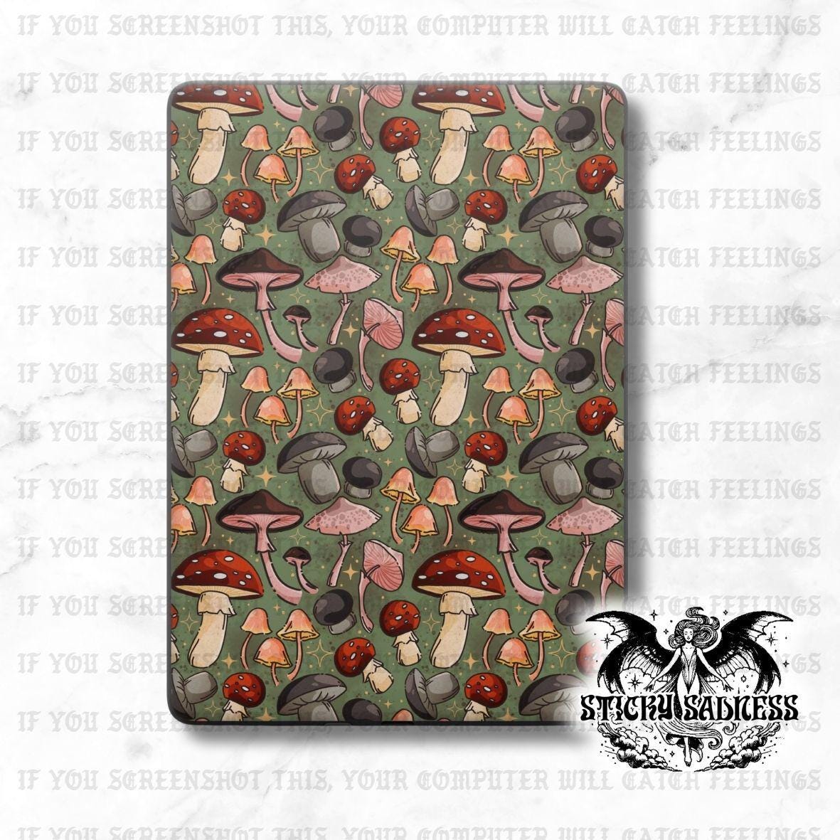 a repeating pattern of mushrooms in various shades of green, pink, and brown, creating a visually appealing and whimsical design.