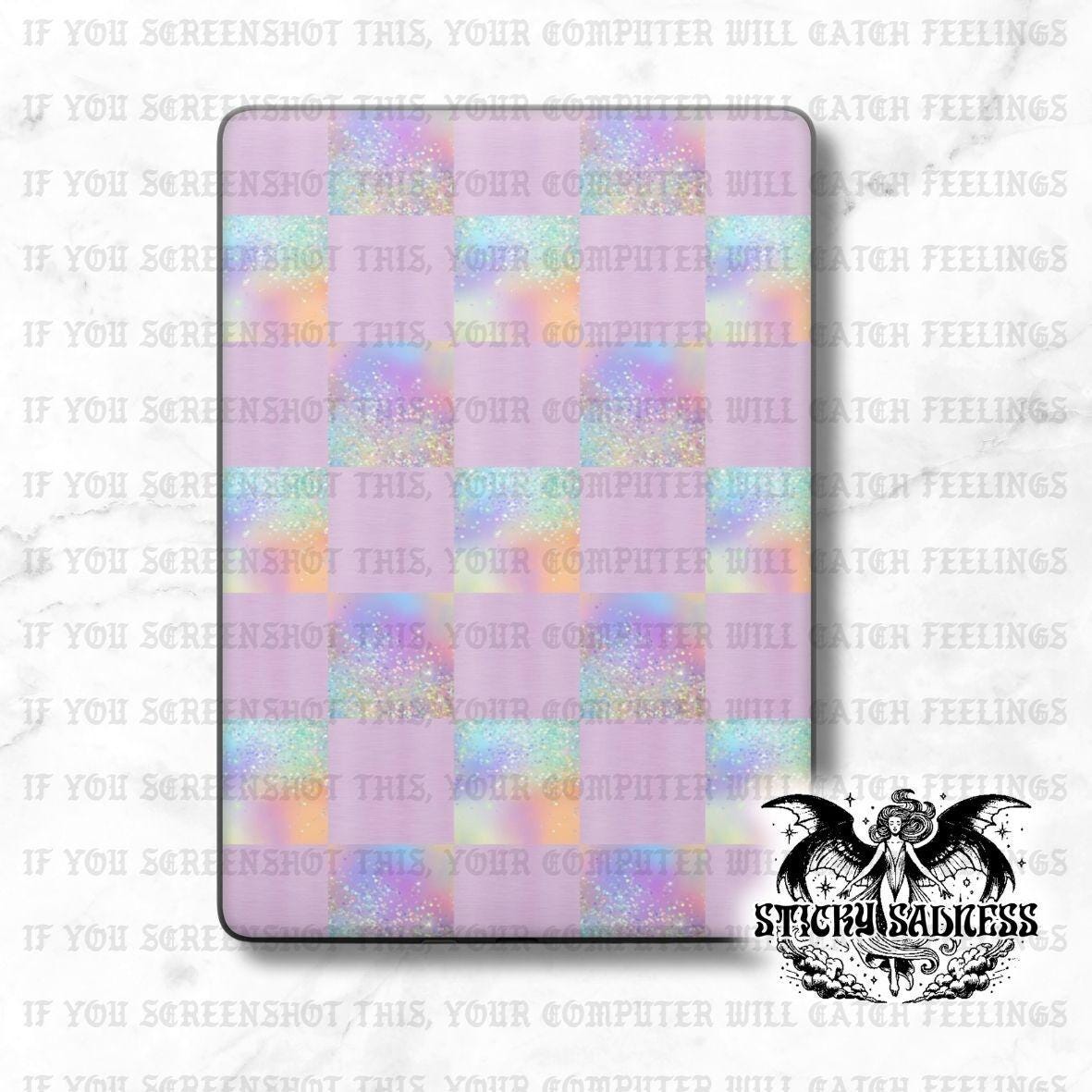 Pastel Glitter Checkered Decal Insert Skin, Aesthetic Vinyl Wrap for Kindle Kobo iPad Boox Fire, Gift for Book Lover, BookTok Accessories