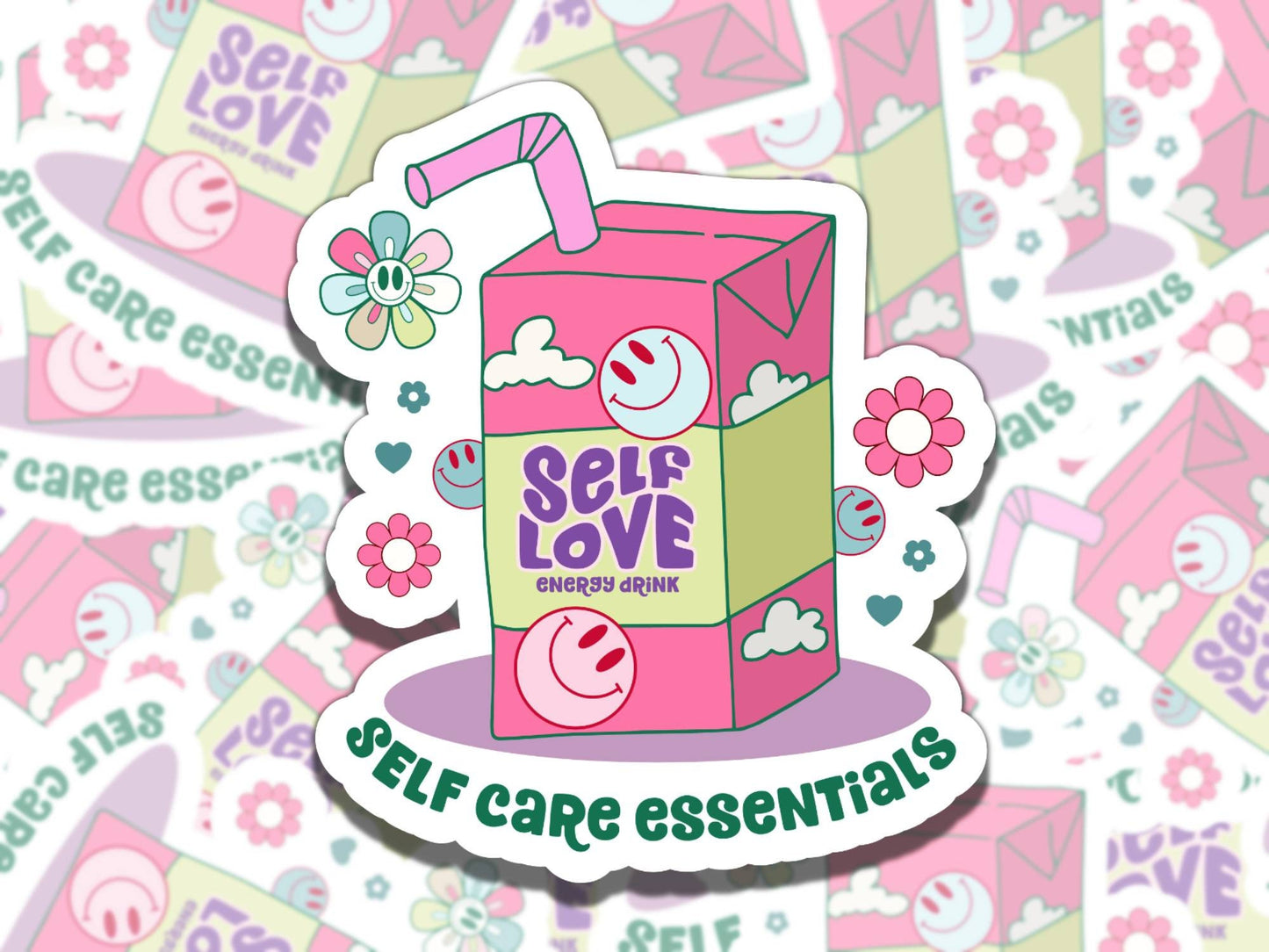 Self Care Essentials Cute Juice Box Mental Health Affirmation Sticker, Gift for Friend,  Sticker for Kindle Laptop Water Bottle