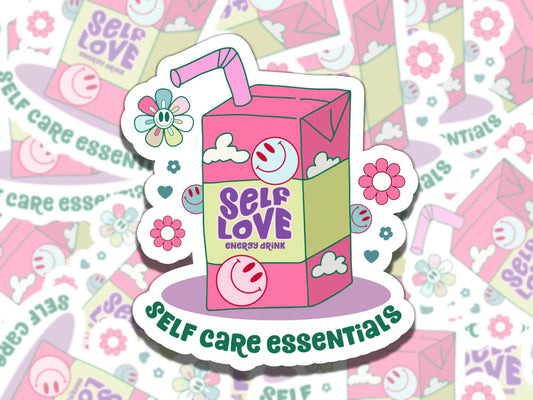 Self Care Essentials Cute Juice Box Mental Health Affirmation Sticker, Gift for Friend,  Sticker for Kindle Laptop Water Bottle