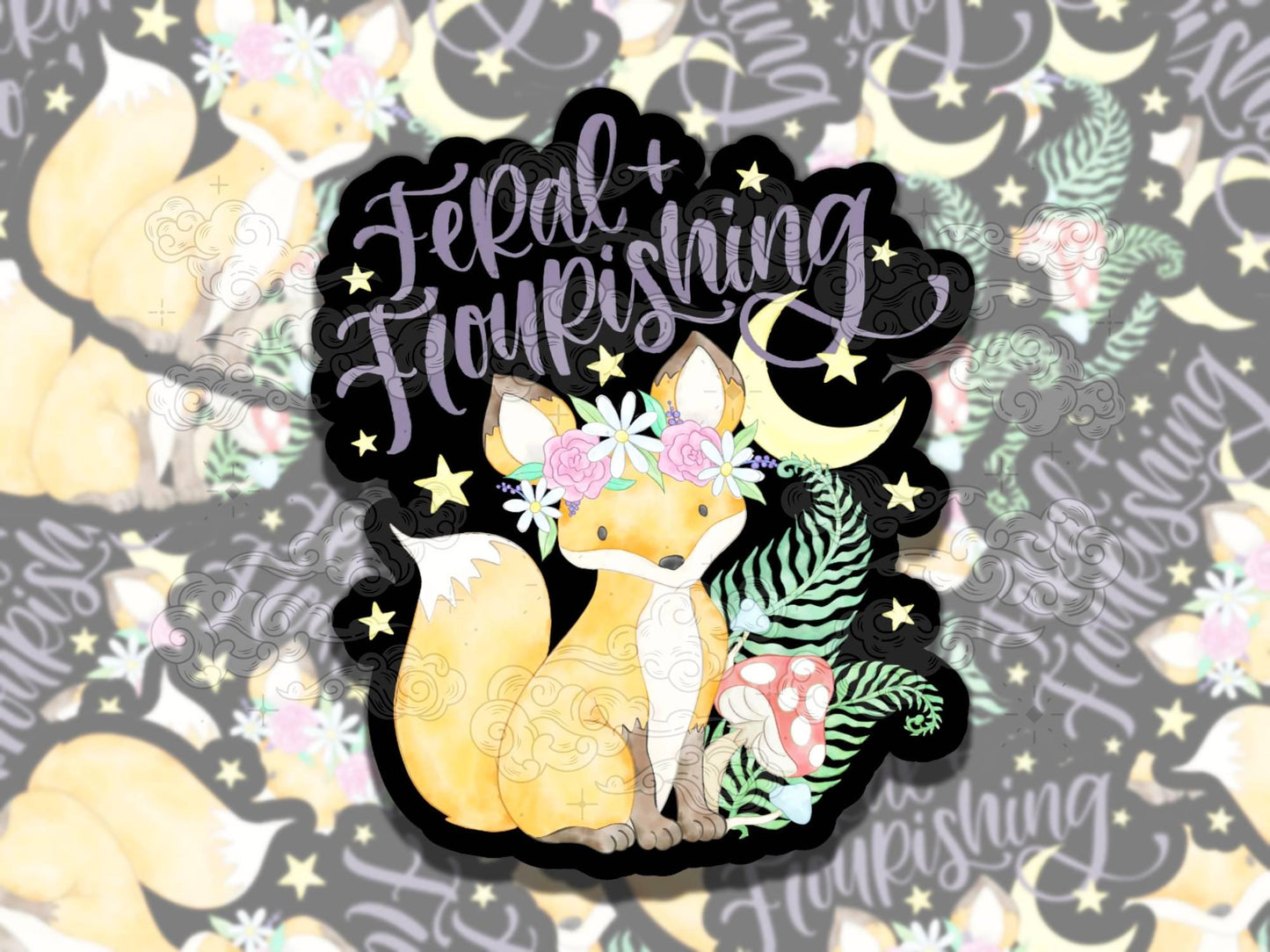 Feral and Flourishing Watercolor Fox Cute Waterproof Vinyl Sticker, Gift for Friend, Funny Sticker for Kindle Laptop Water Bottle Journal