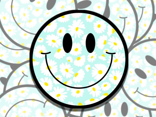 Smiley Face with Daisy Cute Blue Ghost Waterproof Vinyl Sticker, Gift for Girl Friend, Funny Sticker for Kindle Laptop Water Bottle Journal