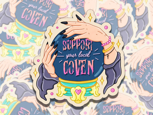 Support Your Local Coven Witch Spooky Waterproof Vinyl Sticker, Gift for Friend, Funny Sticker for Kindle Laptop Water Bottle Journ