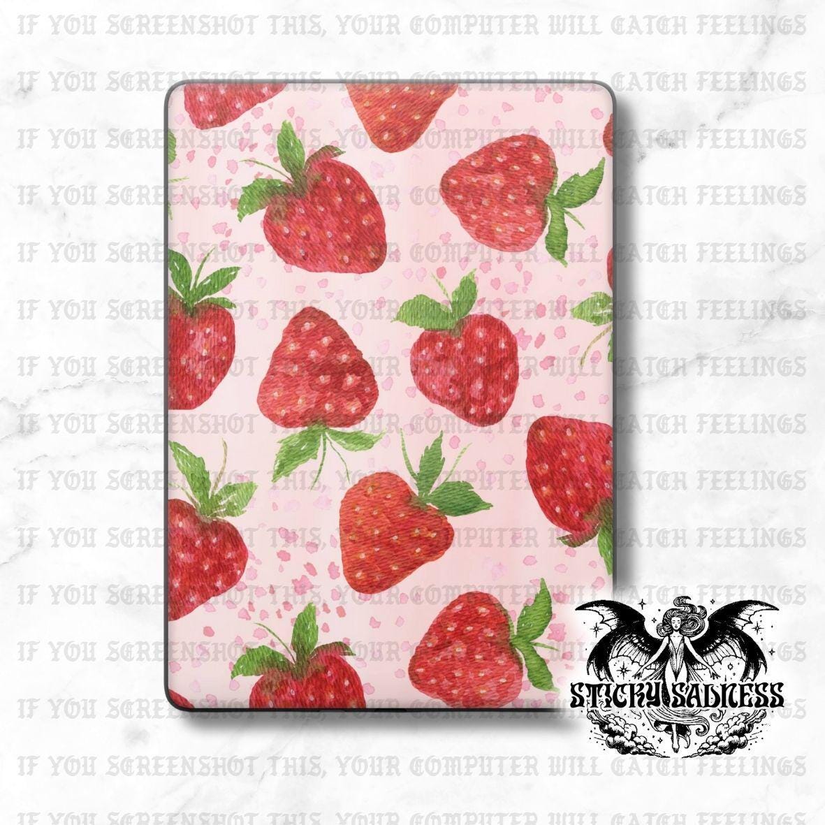 a repeating pattern of red strawberries against a pink background.