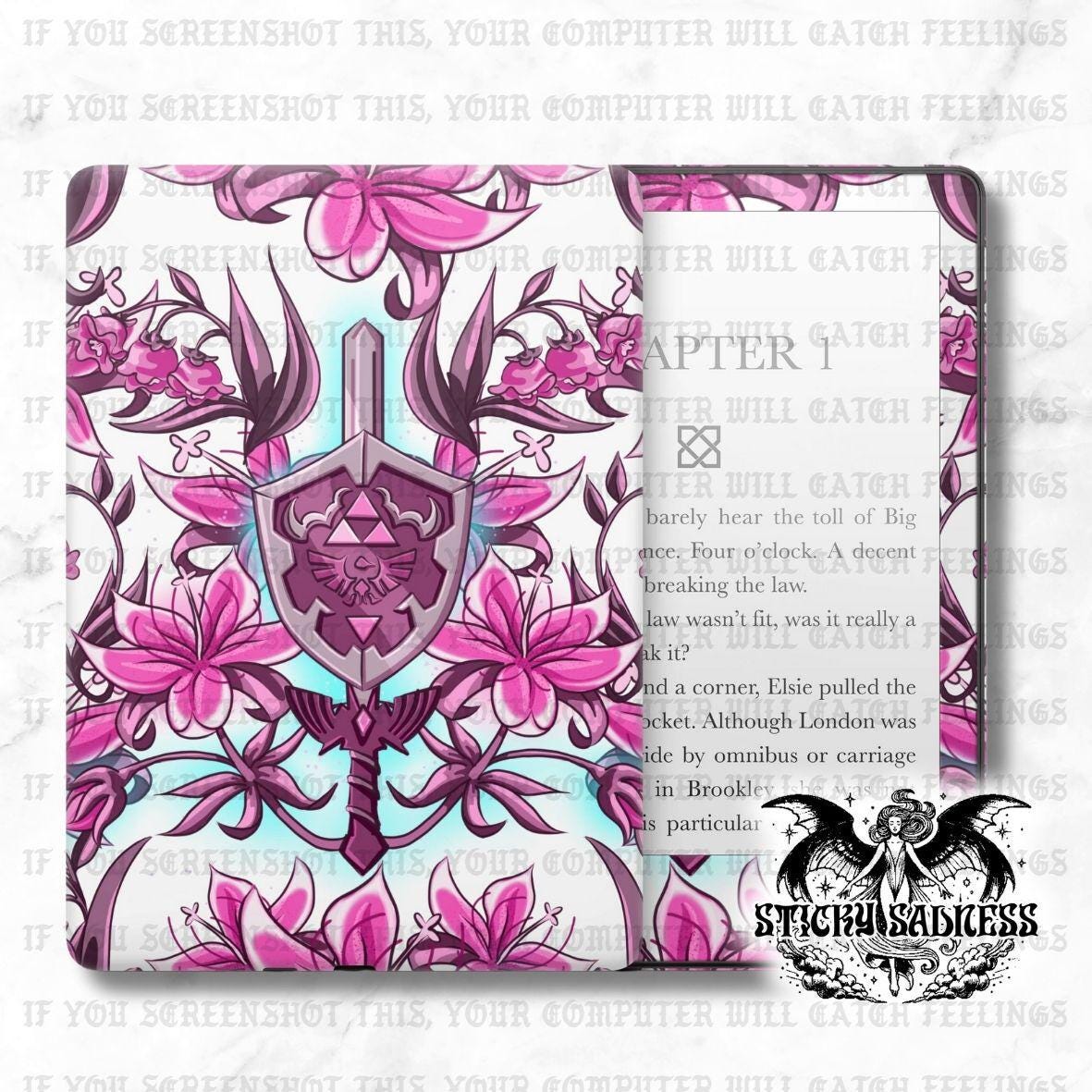 The image is a vibrant and detailed illustration of a shield with a sword, surrounded by pink flowers and leaves. The shield is adorned with a geometric pattern and a symbol, and the sword is prominently displayed. The background is a light blue color, providing a contrast to the pink elements. The image is a collage of various elements, including the shield, sword, flowers, and leaves, creating a visually striking and intricate composition.