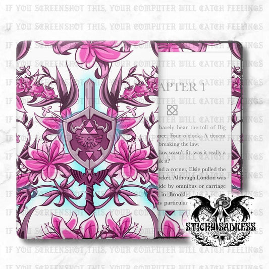 The image is a vibrant and detailed illustration of a shield with a sword, surrounded by pink flowers and leaves. The shield is adorned with a geometric pattern and a symbol, and the sword is prominently displayed. The background is a light blue color, providing a contrast to the pink elements. The image is a collage of various elements, including the shield, sword, flowers, and leaves, creating a visually striking and intricate composition.