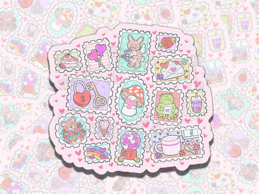 Valentine's Stamps Frog Pink Holiday Waterproof Vinyl Sticker, Gift for Girl Friend, Funny Sticker for Kindle Laptop Water Bottle Journal