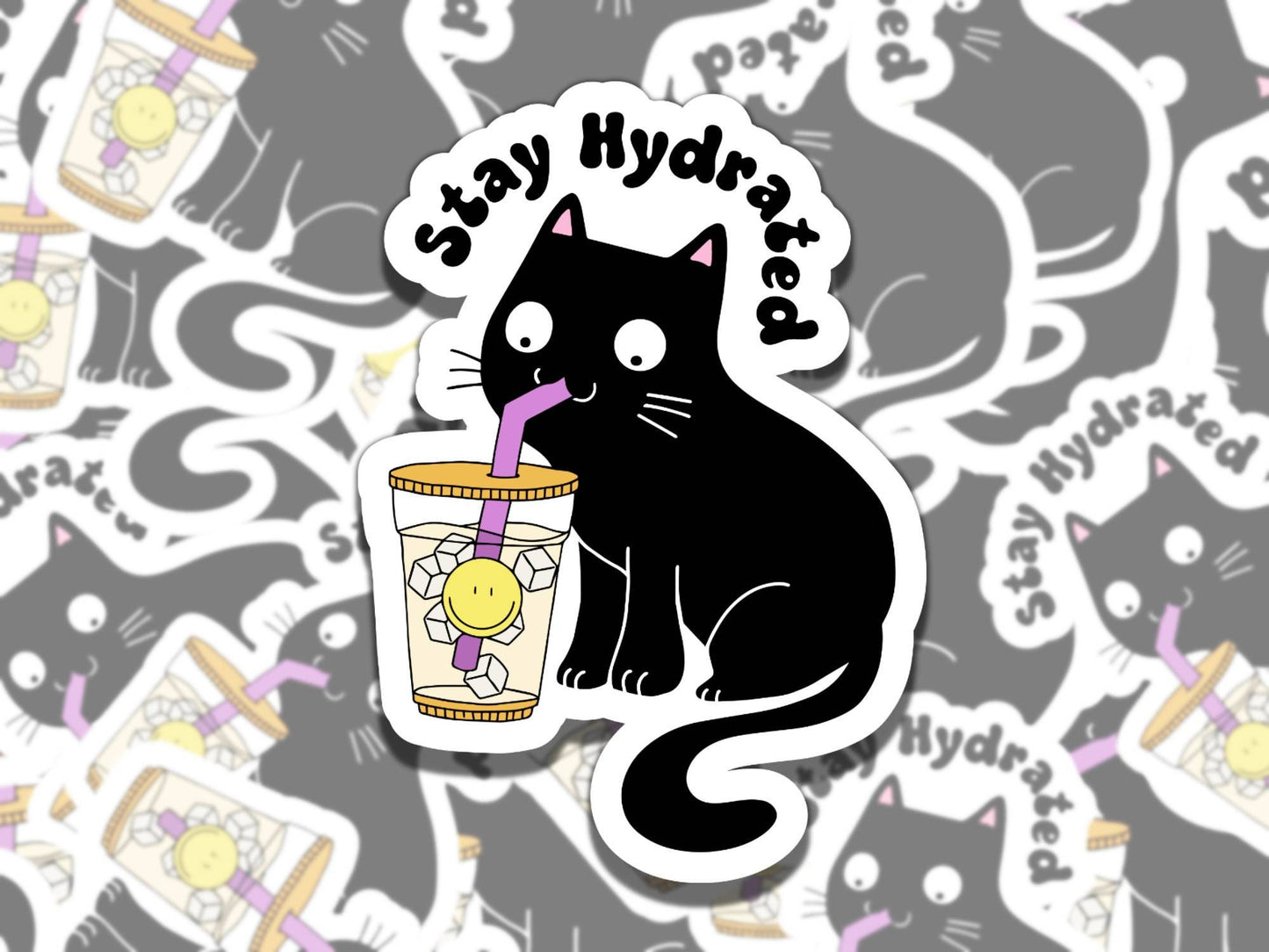 Stay Hydrated Black Cat Mental Health Sticker, Affirmation Sticker, Gift for Friend, Funny Sticker for Kindle Laptop Water Bottle Journal