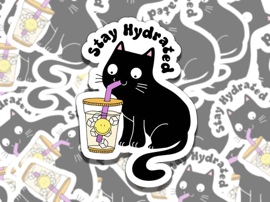 Stay Hydrated Black Cat Mental Health Sticker, Affirmation Sticker, Gift for Friend, Funny Sticker for Kindle Laptop Water Bottle Journal