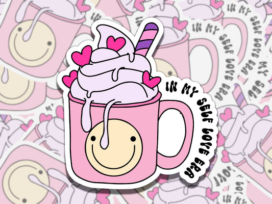 In My Self Love Era Cute Pink Drink Mental Health Affirmation Sticker, Gift for Friend, Waterproof Sticker for Kindle Laptop Water Bottle