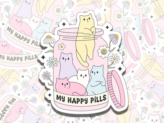 My Happy Pills Cute Cat Pill Bottle Affirmation Sticker, Gift for Friend, Waterproof Sticker for Kindle Laptop Water Bottle