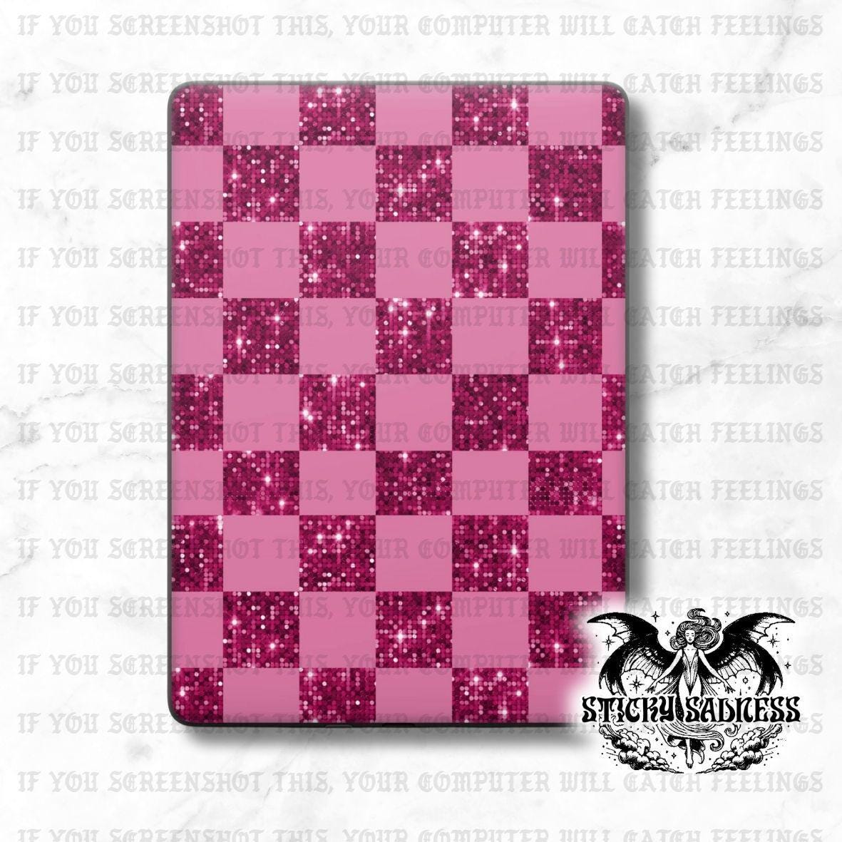 Pink Glitter Checkered Decal Insert Skin, Aesthetic Vinyl Wrap for Kindle Kobo iPad Boox Fire, Gift for Book Lover, BookTok Accessories