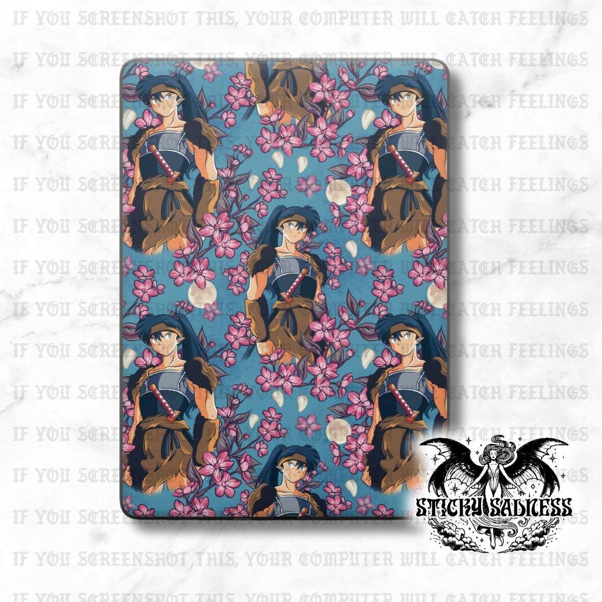 a repeating pattern of a female character with a floral background, wearing a blue outfit with brown accents.