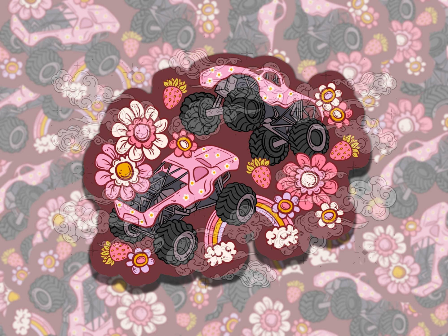 Floral Monster Trucks Cute Pink Racing Waterproof Vinyl Sticker, Gift for Friend, Funny Sticker for Kindle Laptop Water Bottle Journal