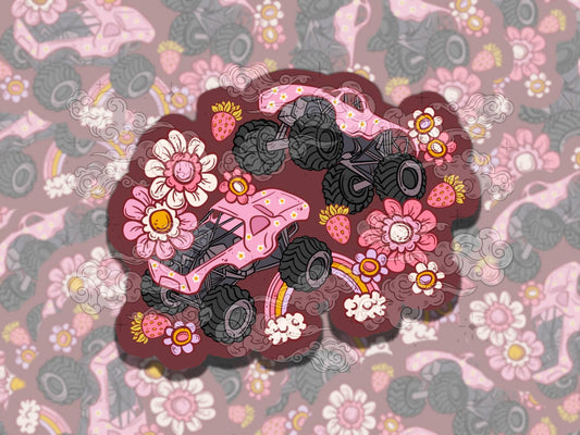 Floral Monster Trucks Cute Pink Racing Waterproof Vinyl Sticker, Gift for Friend, Funny Sticker for Kindle Laptop Water Bottle Journal