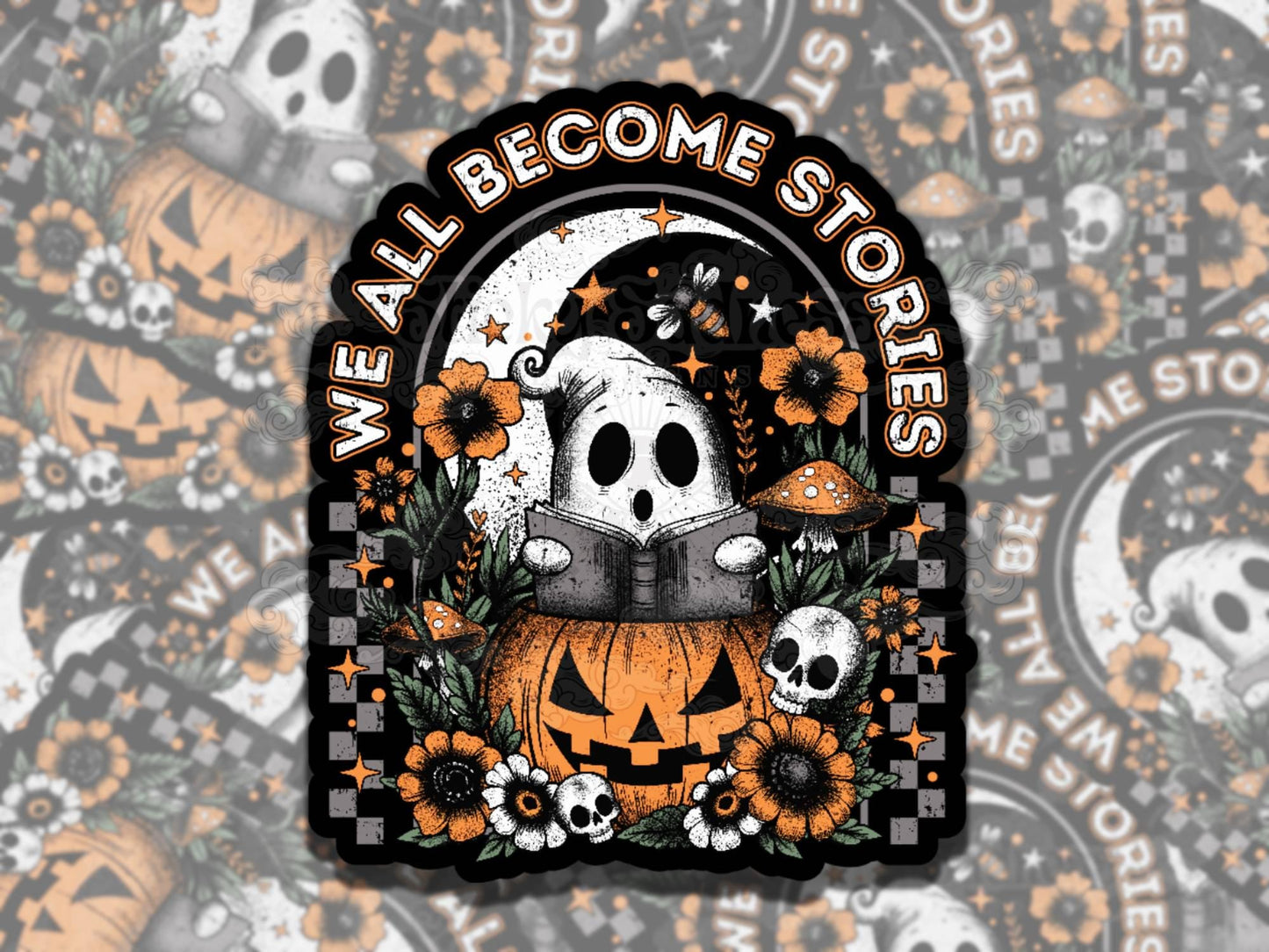 Reading Ghost Pumpkin Cute Spooky Waterproof Vinyl Sticker, Gift for Friend, Funny Sticker for Kindle Laptop Water Bottle Journal
