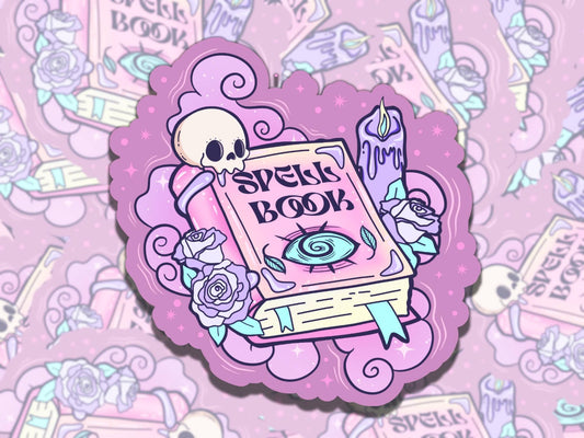Spell Book Cute Witchy Purple Spooky Waterproof Vinyl Sticker, Gift for Friend, Funny Sticker for Kindle Laptop Water Bottle Journal