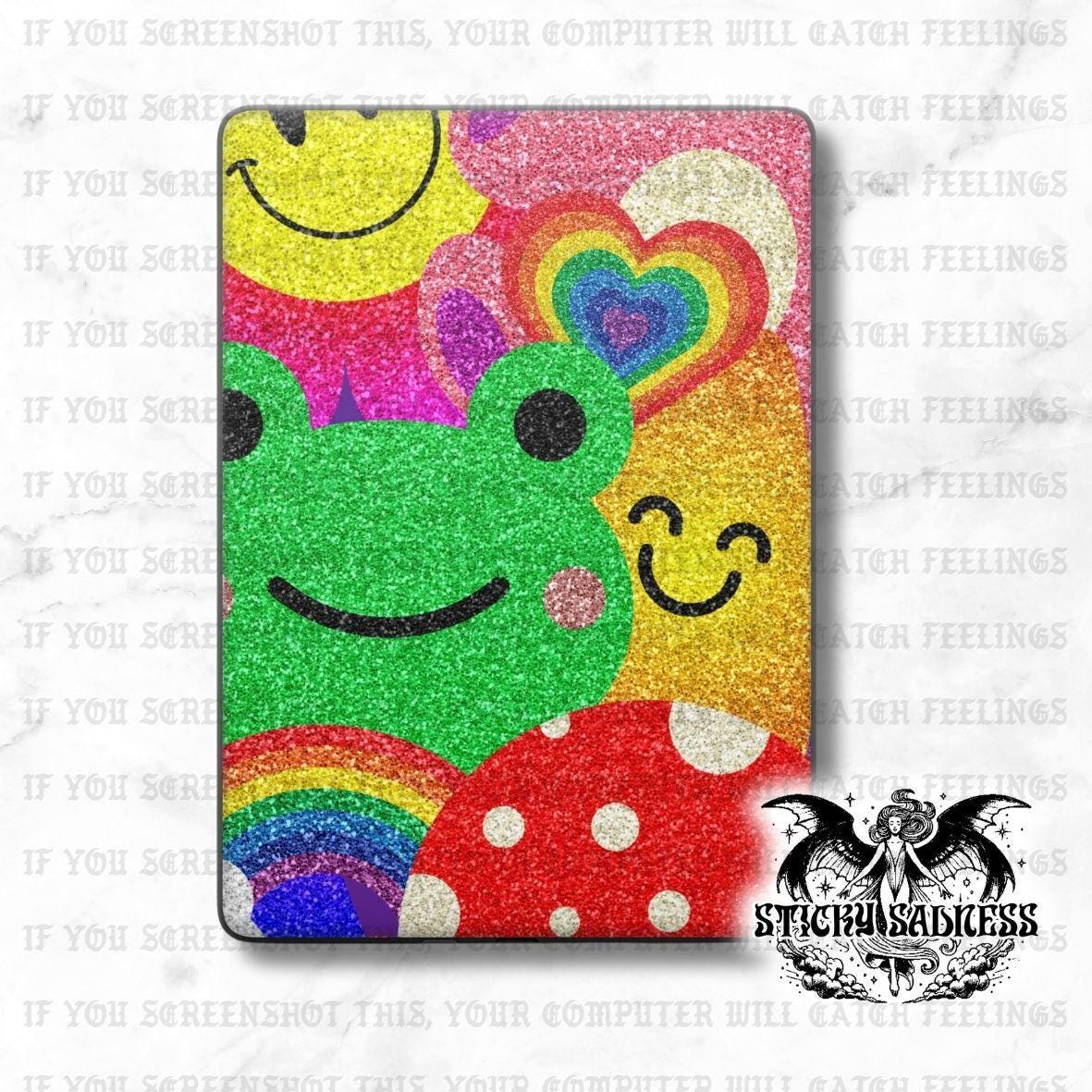 a vibrant, glittery design with a variety of colorful and whimsical elements, including a smiling frog, a rainbow, a heart, and a mushroom.