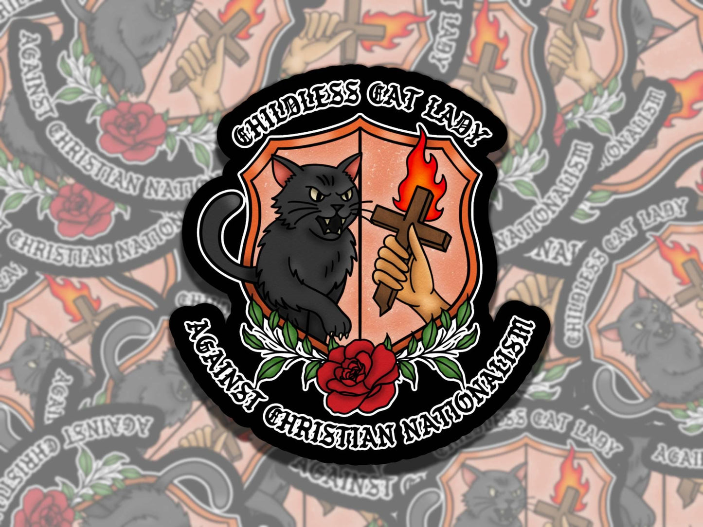Childless Cat Lady Against Christian Nationalism Vinyl Sticker, Girly Gift for Friend, Funny Sticker for Kindle Laptop Water Bottle Journal