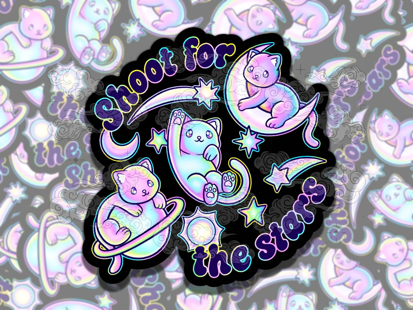 Shoot for the Stars Cat Waterproof Vinyl Sticker, Girly Gift for Coffee Lover, Funny Sticker for Kindle Laptop Water Bottle Journal