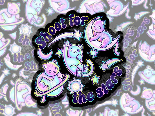 Shoot for the Stars Cat Waterproof Vinyl Sticker, Girly Gift for Coffee Lover, Funny Sticker for Kindle Laptop Water Bottle Journal