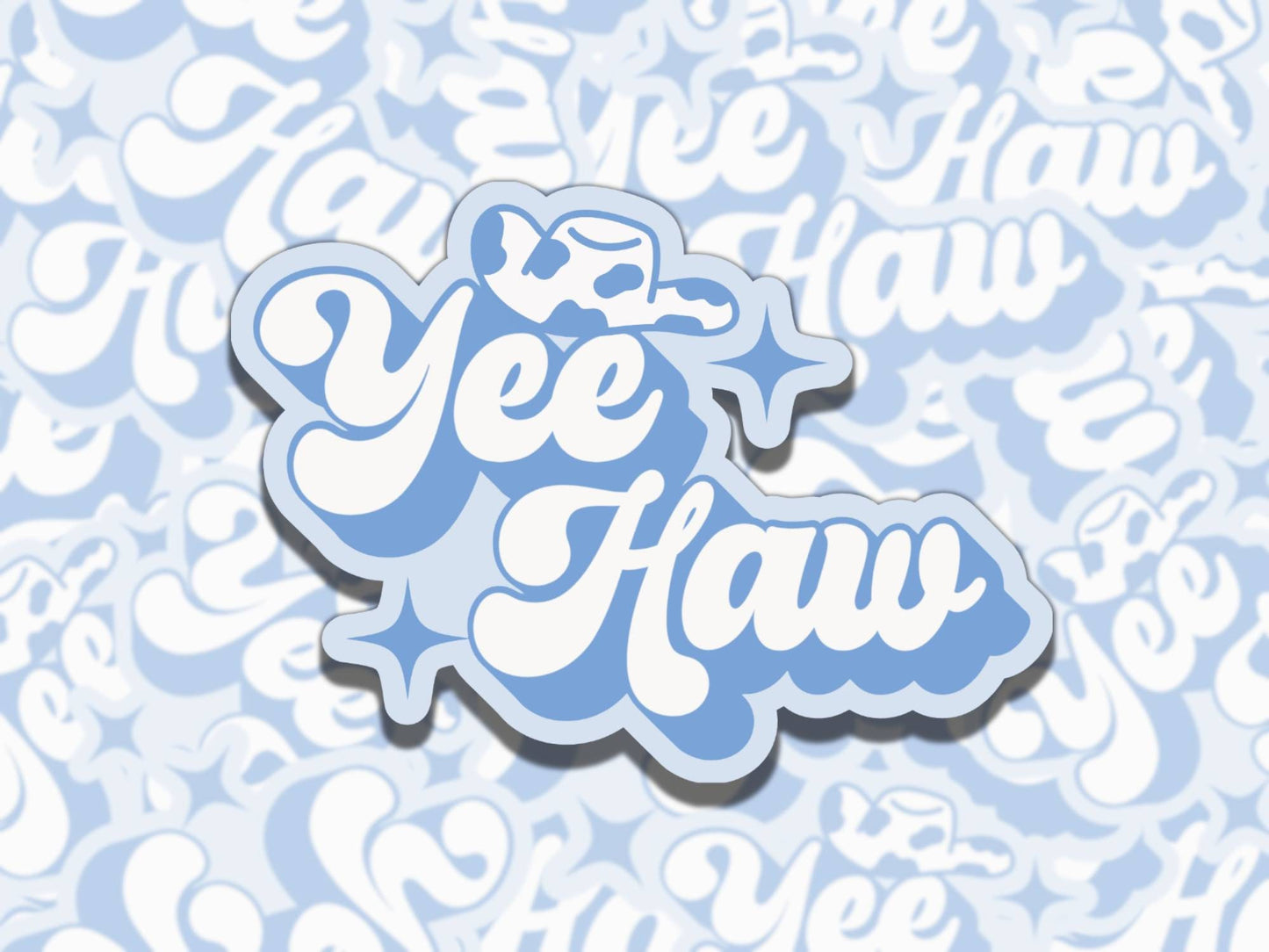Yee Haw Cowboy Hat Cute Blue Waterproof Vinyl Sticker, Gift for Friend, Funny Sticker for Kindle Laptop Water Bottle Journal