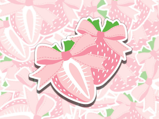 Coquette Strawberries with Bows Girly Waterproof Vinyl Sticker, Gift for Girl Friend, Funny Sticker for Kindle Laptop Water Bottle Journal