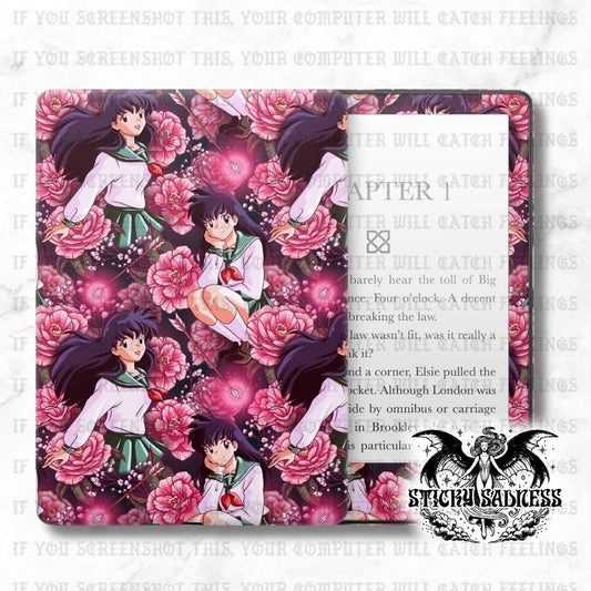 The image is a collage of multiple images featuring a character with long hair and a white shirt, surrounded by pink flowers. The character appears to be a young woman, and the flowers are pink and white. The image does not contain any text, and the phrase &quot;if you screenshot this, your computer will catch feelings&quot; is present but not described.