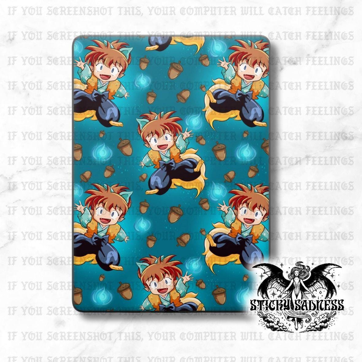 a repeating pattern of cartoon-style characters, including a boy with a big smile and a dragon-like creature, against a blue background with acorns scattered throughout.