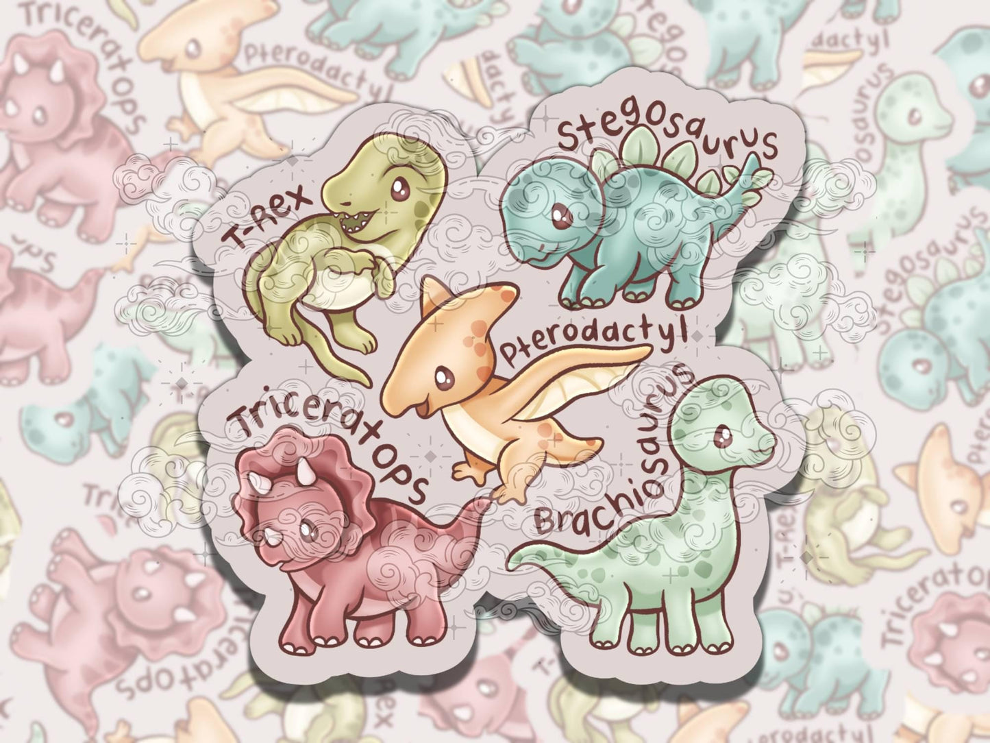 Dino Gang Cute Dinosaurs Waterproof Vinyl Sticker, Gift for Friend, Funny Sticker for Kindle Laptop Water Bottle Journal