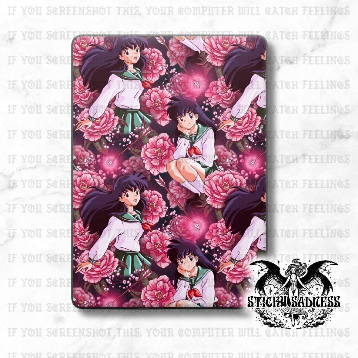 a repeating pattern of a young girl surrounded by pink flowers.