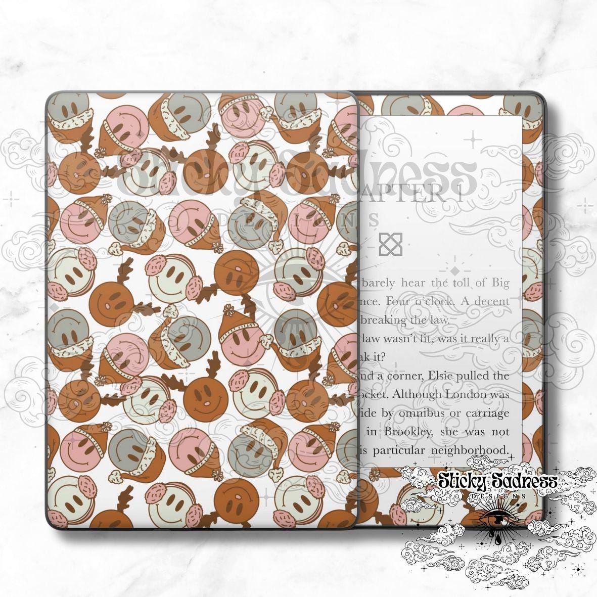 Smiley Christmas Pattern Holiday Decal Sticker Skin, Cute Vinyl Wrap for Kindle Kobo iPad Boox Fire, Gift for Book Lover, BookTok Accessory